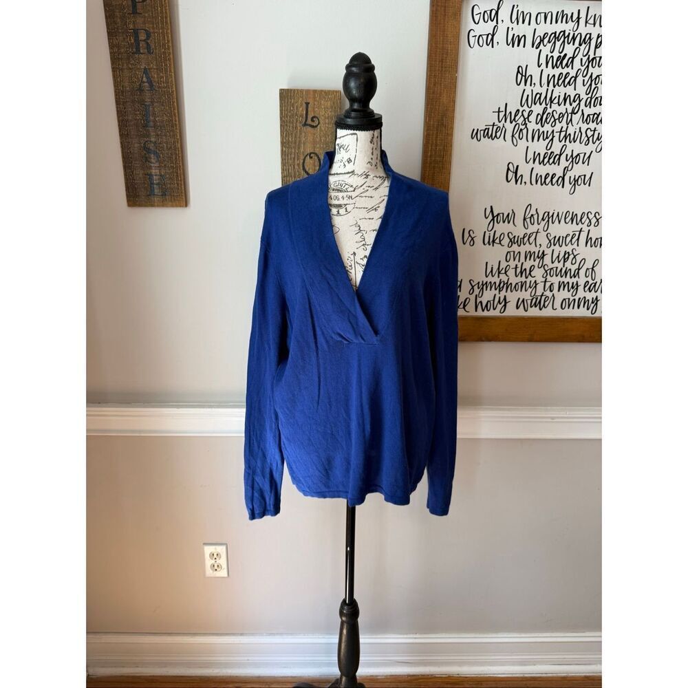 Lauren Ralph Lauren Womens Knit Silk Cashmere V-Neck Sweater Cobalt Blue Size 1X